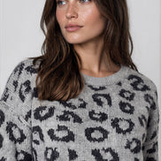 Grey Leopard Pattern Wool‑Blend Knit Jumper