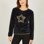 Yumi Black Fluffy Star Christmas Jumper