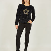Yumi Black Fluffy Star Christmas Jumper