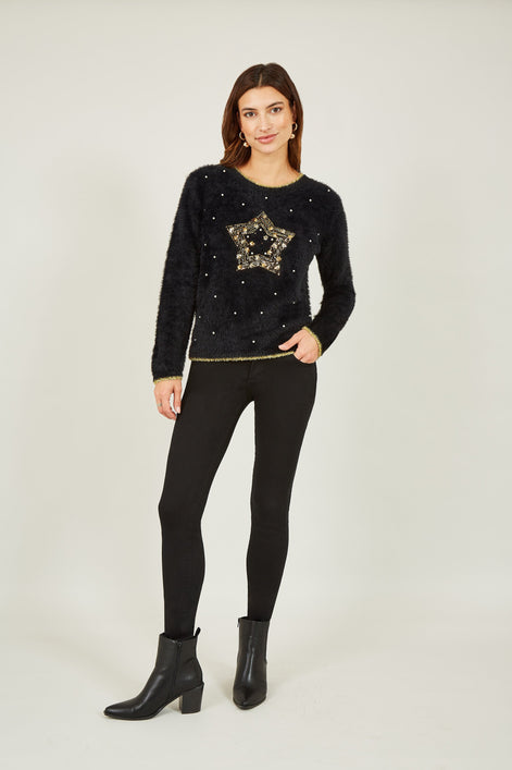 Yumi Black Fluffy Star Christmas Jumper