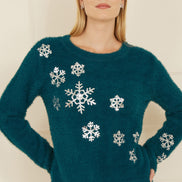 Yumi Teal Sequin Snowflake Fluffy Jumper