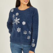 Yumi Navy Sequin Snowflake Fluffy Jumper