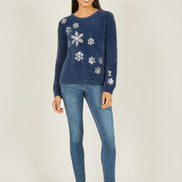 Yumi Navy Sequin Snowflake Fluffy Jumper