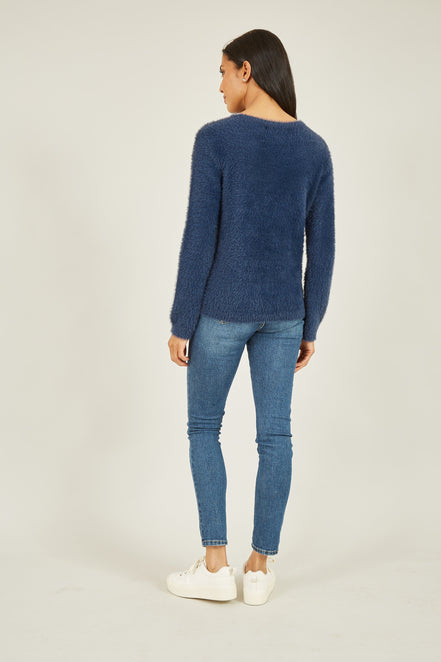 Yumi Navy Sequin Snowflake Fluffy Jumper