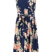 Yumi Navy Rose Printed Wrap Over Sleeveless Skater Dress