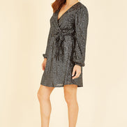 Mela Black Sequin Belted Wrap Long Sleeve Dress