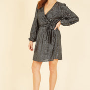 Mela Black Sequin Belted Wrap Long Sleeve Dress