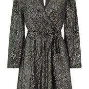 Mela Black Sequin Belted Wrap Long Sleeve Dress