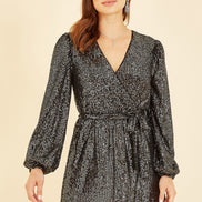 Mela Black Sequin Belted Wrap Long Sleeve Dress