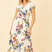 Yumi Ivory Floral Wrap Dip Hem Dress