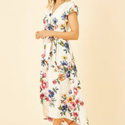 Yumi Ivory Floral Wrap Dip Hem Dress