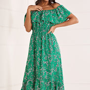 Yumi Green Bardot Asymmetric Maxi Dress
