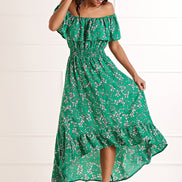Yumi Green Bardot Asymmetric Maxi Dress