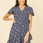 Yumi Navy Ditsy Floral Wrap Frill Dress