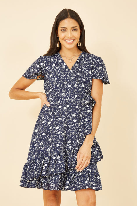 Yumi Navy Ditsy Floral Wrap Frill Dress