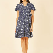 Yumi Navy Ditsy Floral Wrap Frill Dress