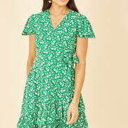 Mela Green Ditsy Floral Wrap Frill Dress