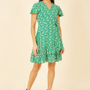 Yumi Green Ditsy Floral Wrap Frill Dress