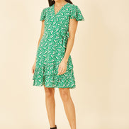 Yumi Green Ditsy Floral Wrap Frill Dress