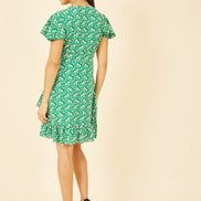 Yumi Green Ditsy Floral Wrap Frill Dress