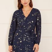 Mela Navy Foil Star Print Long Sleeve Midi