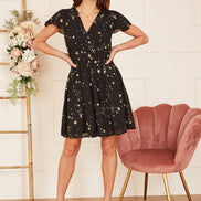 Mela Black Foil Star Print Wrap Skater Dress