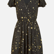 Mela Black Foil Star Print Wrap Skater Dress