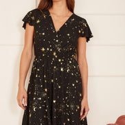 Mela Black Foil Star Print Wrap Skater Dress