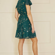 Yumi Green Foil Star Print Wrap Skater Dress