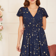 Mela Navy Foil Star Print Wrap Skater Dress
