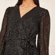 Mela Black Sequin Long Sleeve Frill Wrap Dress