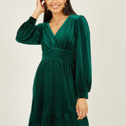 Mela Green Velvet Long Sleeve Skater Dress