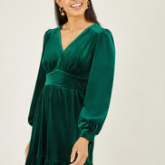 Mela Green Velvet Long Sleeve Skater Dress