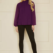 Yumi Plum Pleated Long Sleeve Top with High Neck