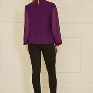 Yumi Plum Pleated Long Sleeve Top with High Neck