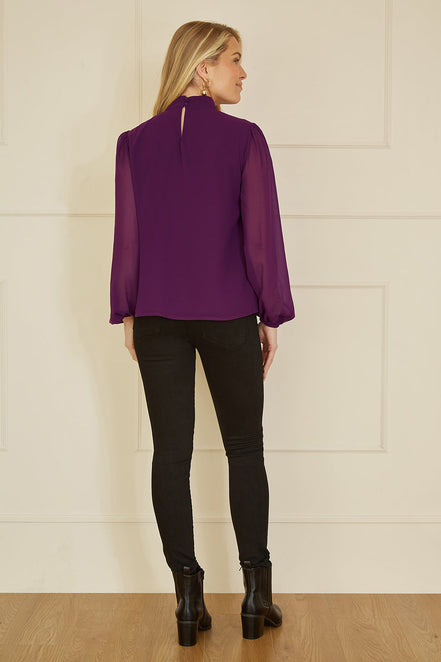 Yumi Plum Pleated Long Sleeve Top with High Neck