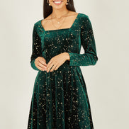 Yumi Green Star Foil Print Long Sleeve Skater Dress