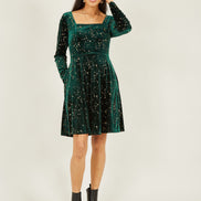 Yumi Green Star Foil Print Long Sleeve Skater Dress