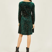 Yumi Green Star Foil Print Long Sleeve Skater Dress