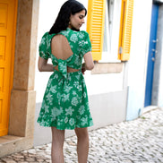 Mela Green Floral Print Skater Dress With Back Tie