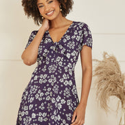 Mela Navy Floral Mini Skater Dress With Tie Front