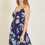 Mela Navy Floral High Low Frill Midi Dress