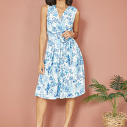 Yumi Blue Floral Wrap Over Skater Dress
