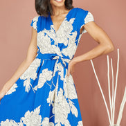 Mela Blue Blossom Print Wrap Midi with Dipped Hem
