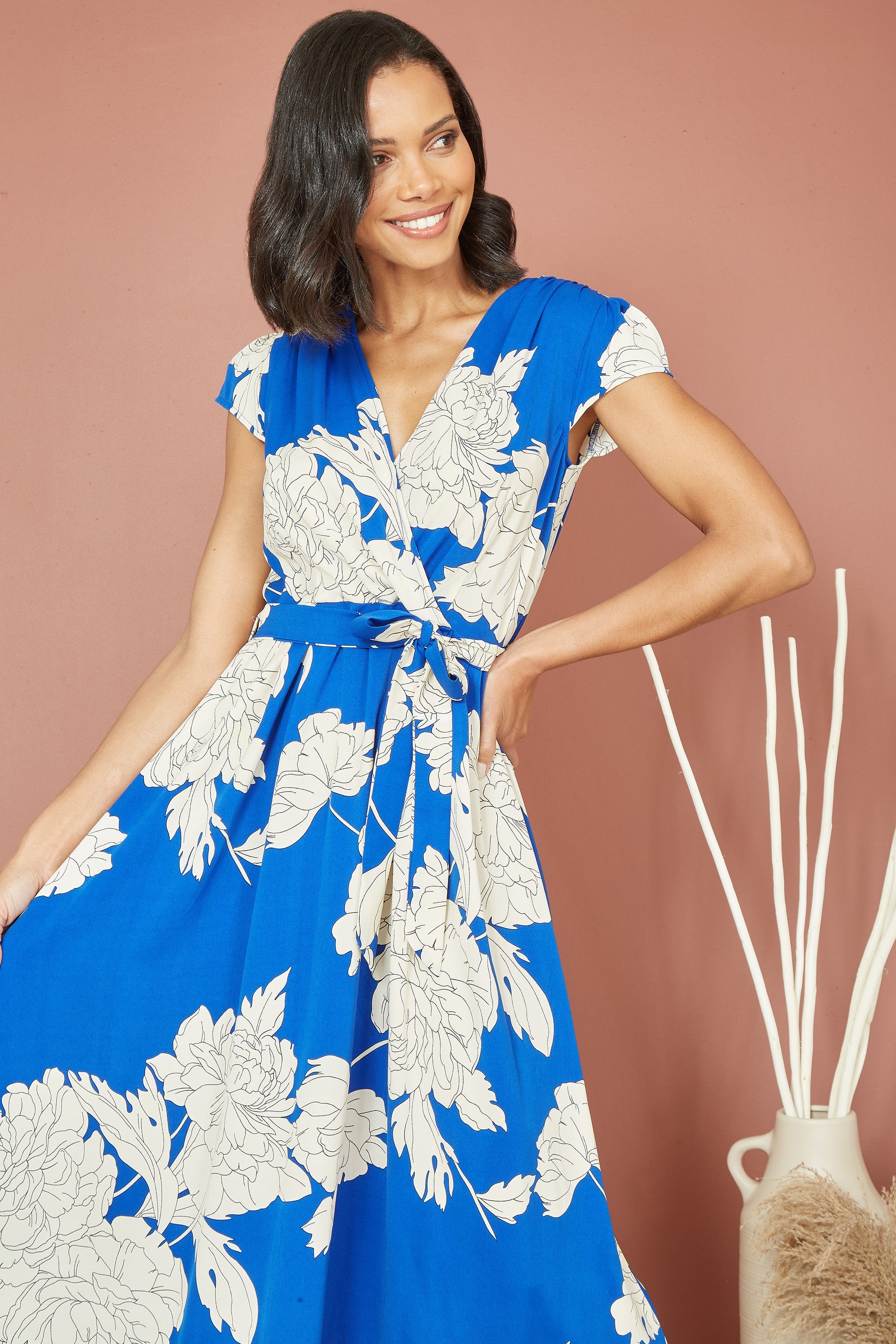 Mela Blue Blossom Print Wrap Midi with Dipped Hem