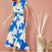 Yumi Blue Blossom Print Wrap Midi with Dipped Hem