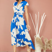 Yumi Blue Blossom Print Wrap Midi with Dipped Hem