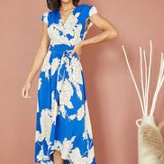 Yumi Blue Blossom Print Wrap Midi with Dipped Hem