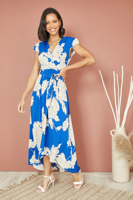 Yumi Blue Blossom Print Wrap Midi with Dipped Hem