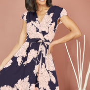 Mela Navy Blossom Print Wrap Midi with Dipped Hem